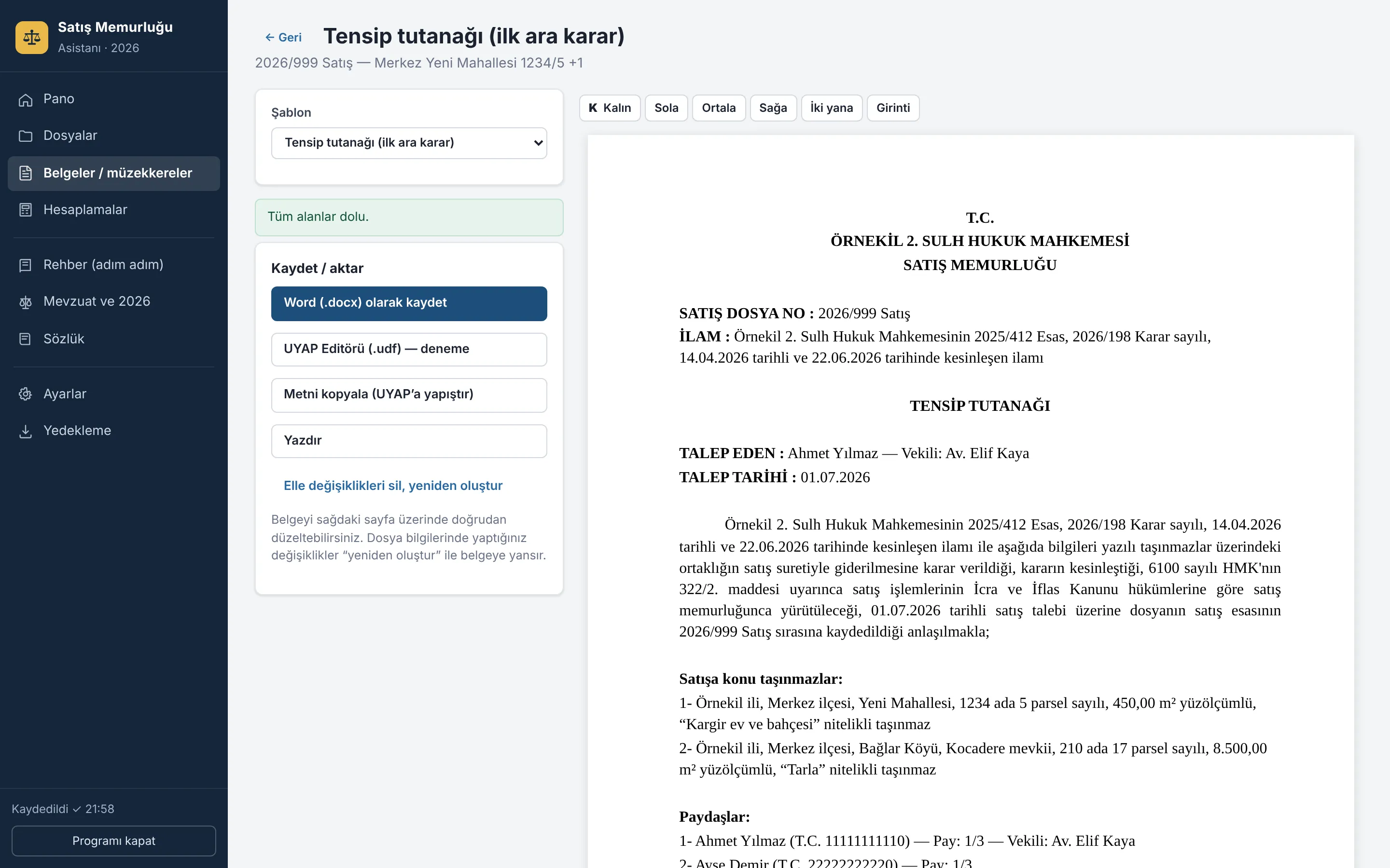 Tensip tutanağı: mahkeme, ilam, talep eden, taşınmazlar ve paydaşlar dosya bilgilerinden doldurulmuş