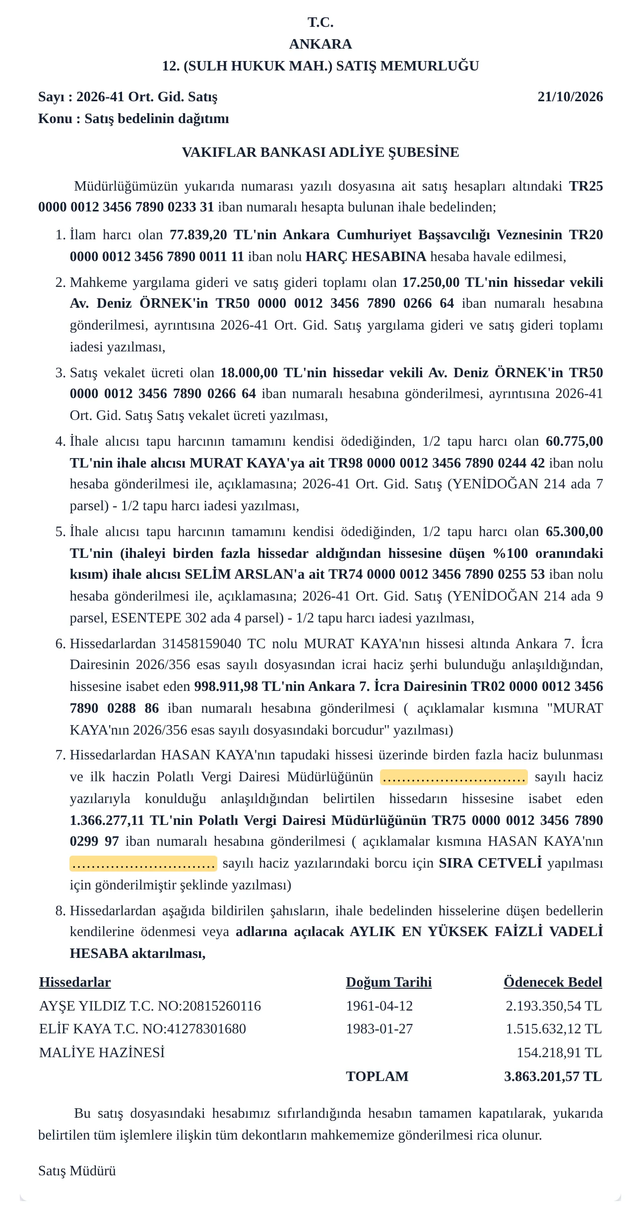 Bankaya yazılan dağıtım yazısı. Görüntüdeki kişiler ve IBAN'lar örnektir.